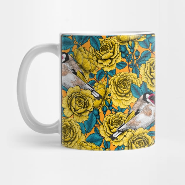 Rose flowers and goldfinch birds by katerinamk